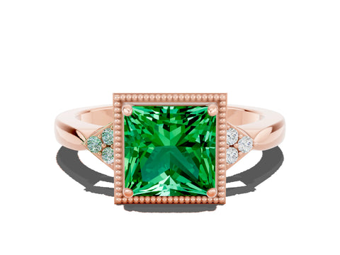 Rose gold Princess Cut Emerald Halo Ring with Tapered Band and Four-Prong Setting_12