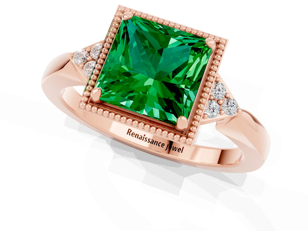Rose gold Princess Cut Emerald Halo Ring with Tapered Band and Four-Prong Setting