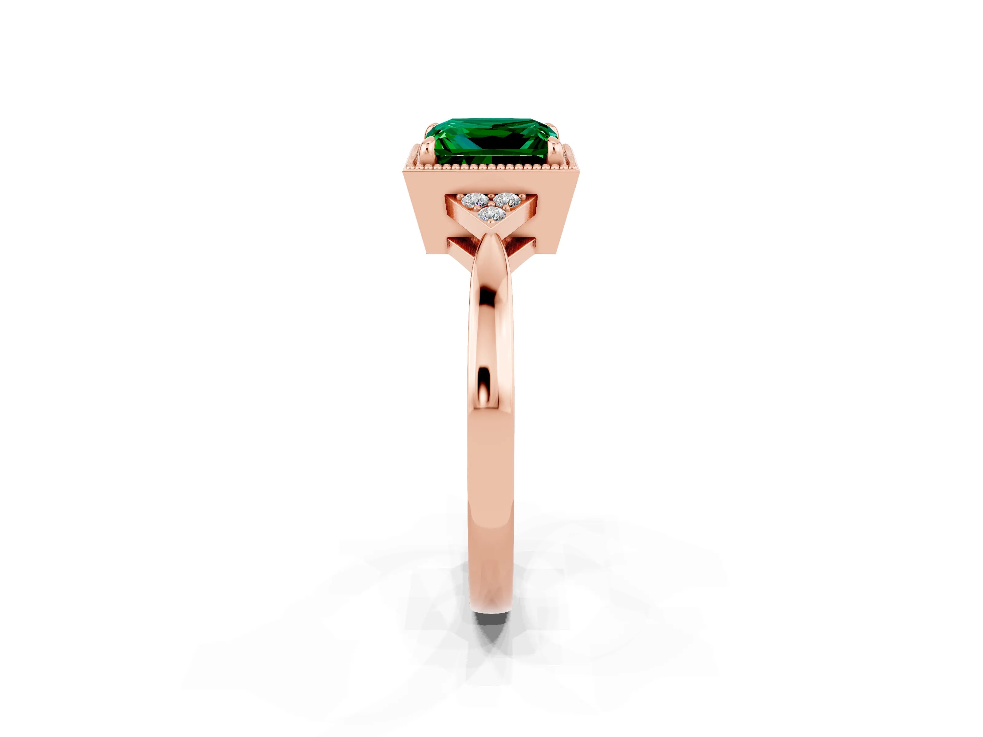Rose gold Princess Cut Emerald Halo Ring with Tapered Band and Four-Prong Setting_14