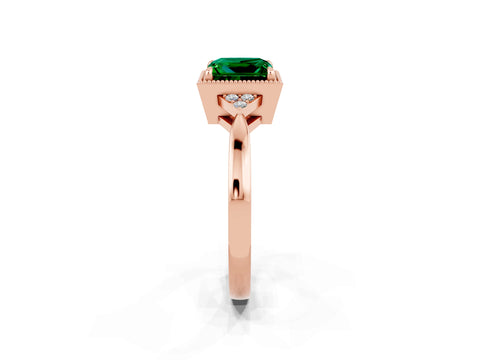 Rose gold Princess Cut Emerald Halo Ring with Tapered Band and Four-Prong Setting_14