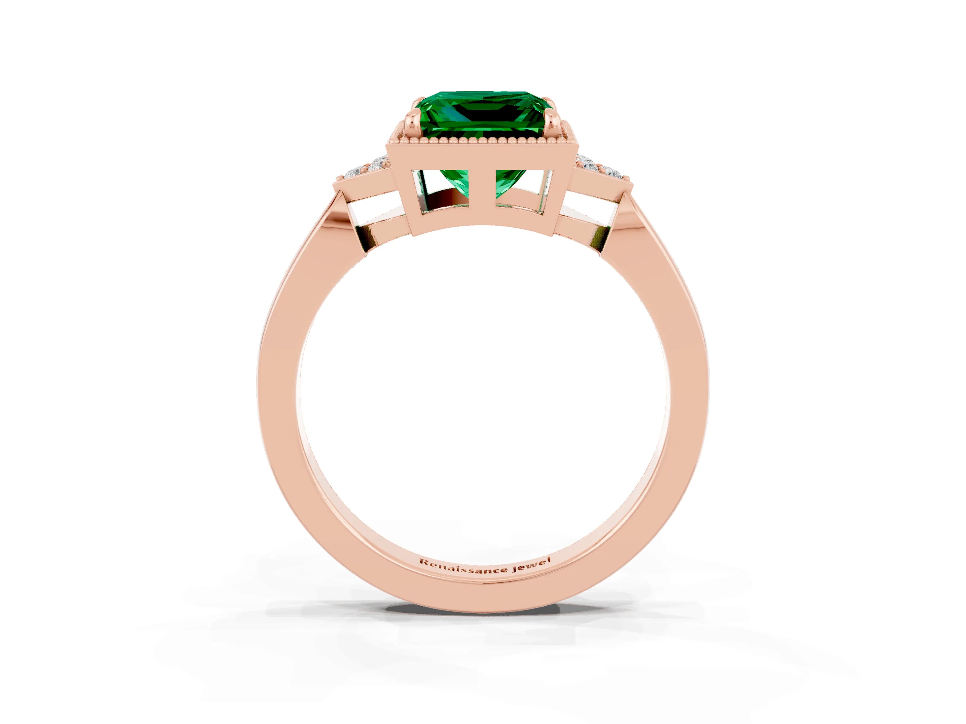 Rose gold Princess Cut Emerald Halo Ring with Tapered Band and Four-Prong Setting_15
