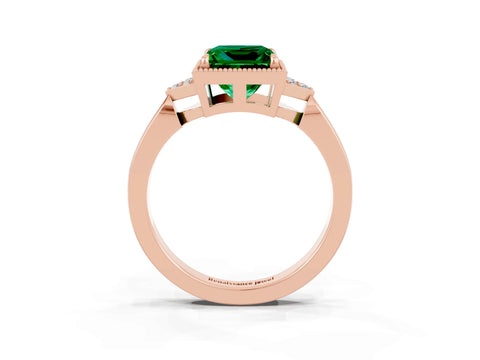 Rose gold Princess Cut Emerald Halo Ring with Tapered Band and Four-Prong Setting_15