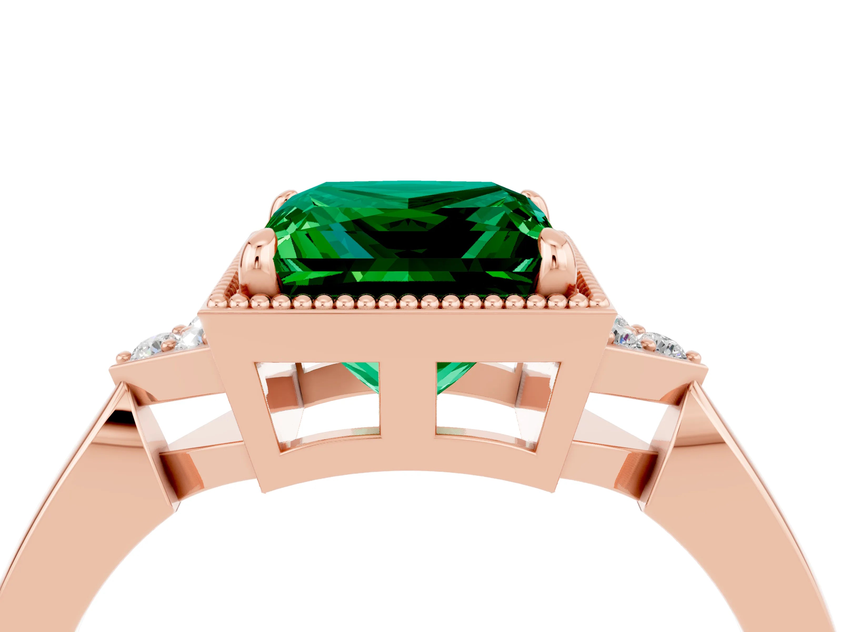 Rose gold Princess Cut Emerald Halo Ring with Tapered Band and Four-Prong Setting_16