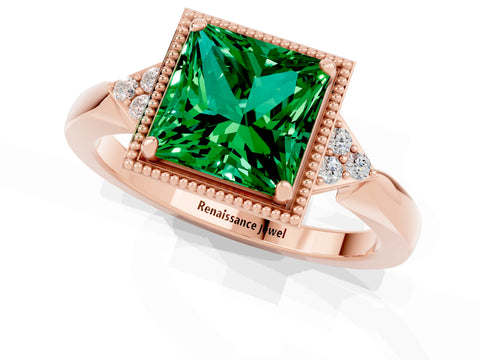 Rose gold Princess Cut Emerald Halo Ring with Tapered Band and Four-Prong Setting_1