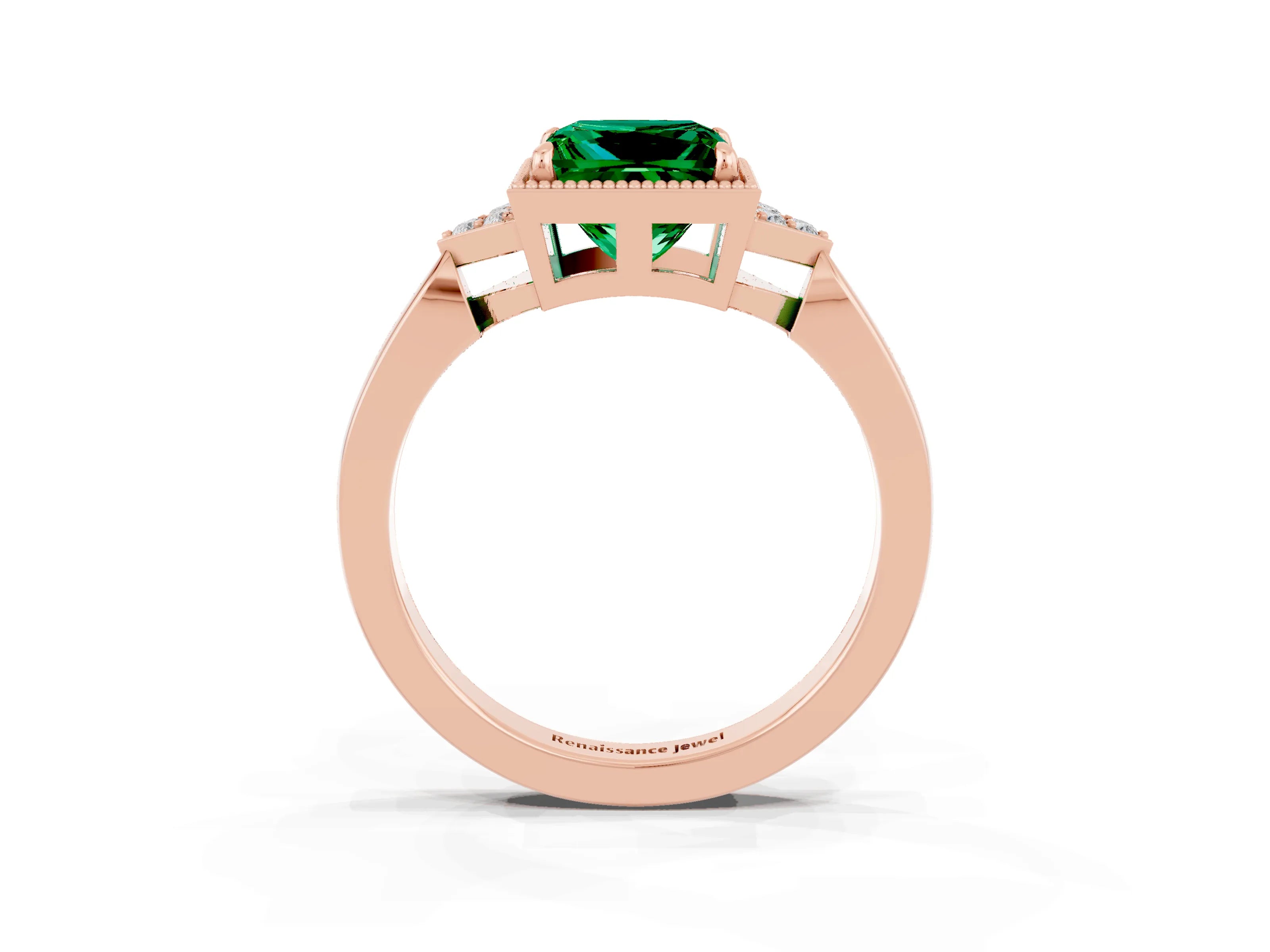 Rose gold Princess Cut Emerald Halo Ring with Tapered Band and Four-Prong Setting_3