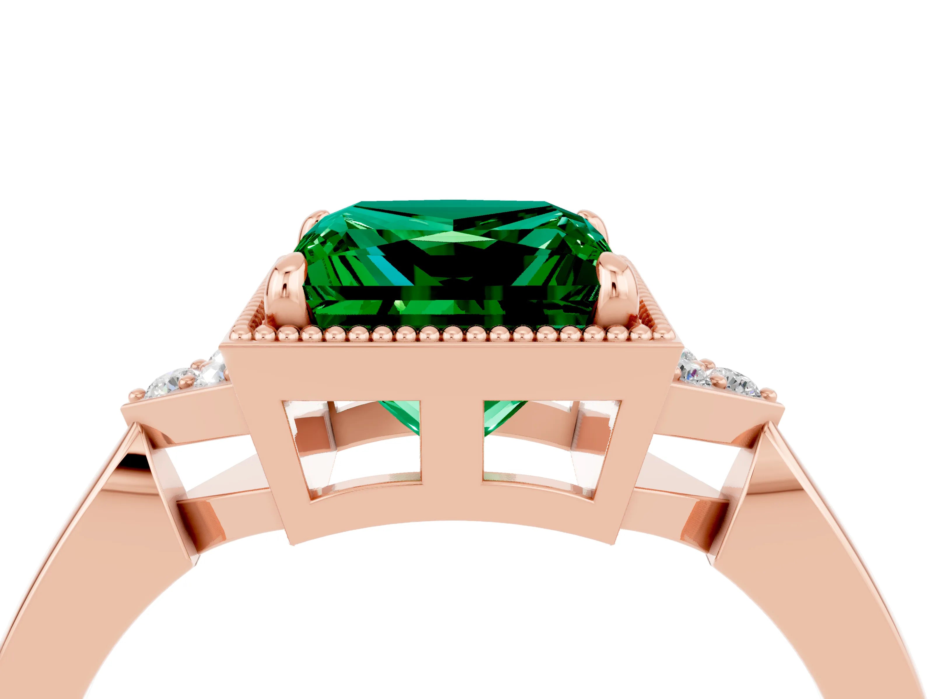 Rose gold Princess Cut Emerald Halo Ring with Tapered Band and Four-Prong Setting_4