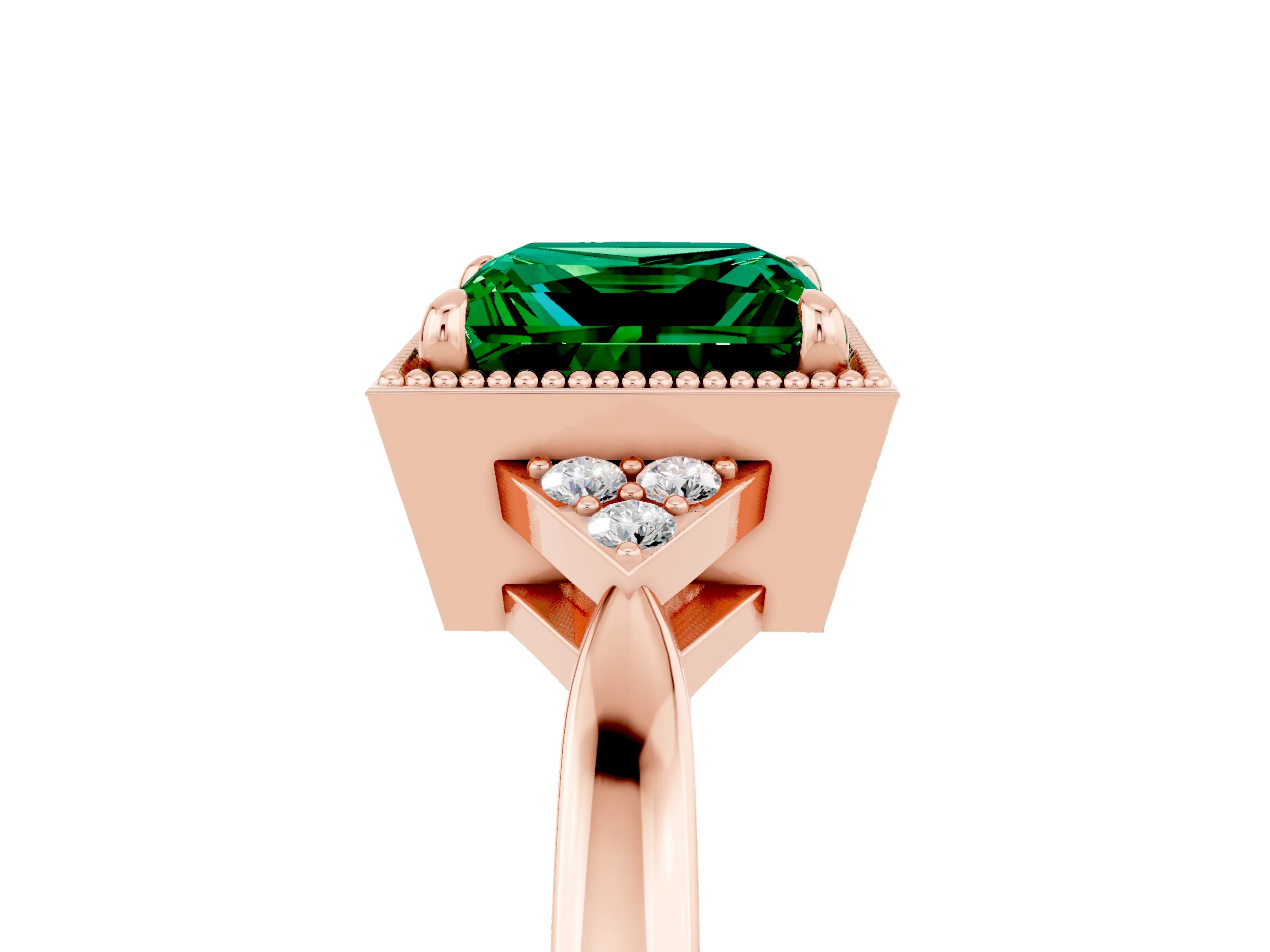 Rose gold Princess Cut Emerald Halo Ring with Tapered Band and Four-Prong Setting_5