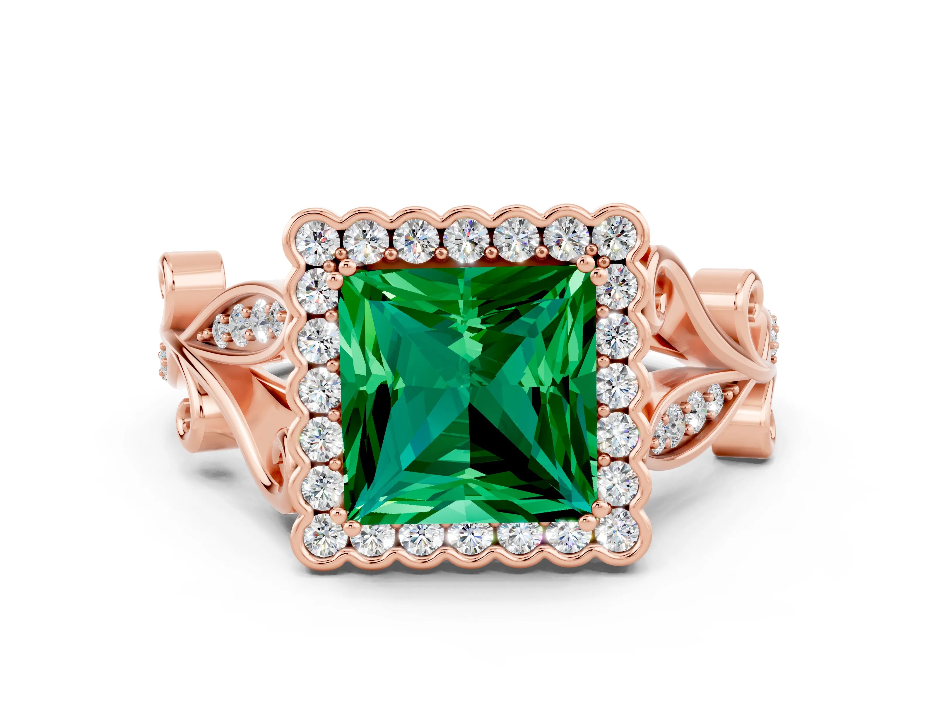 Rose gold Princess Cut Emerald Halo Ring with Vintage Split Shank and Four-Prong Setting