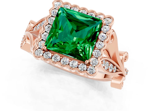 Rose gold Princess Cut Emerald Halo Ring with Vintage Split Shank and Four-Prong Setting_1