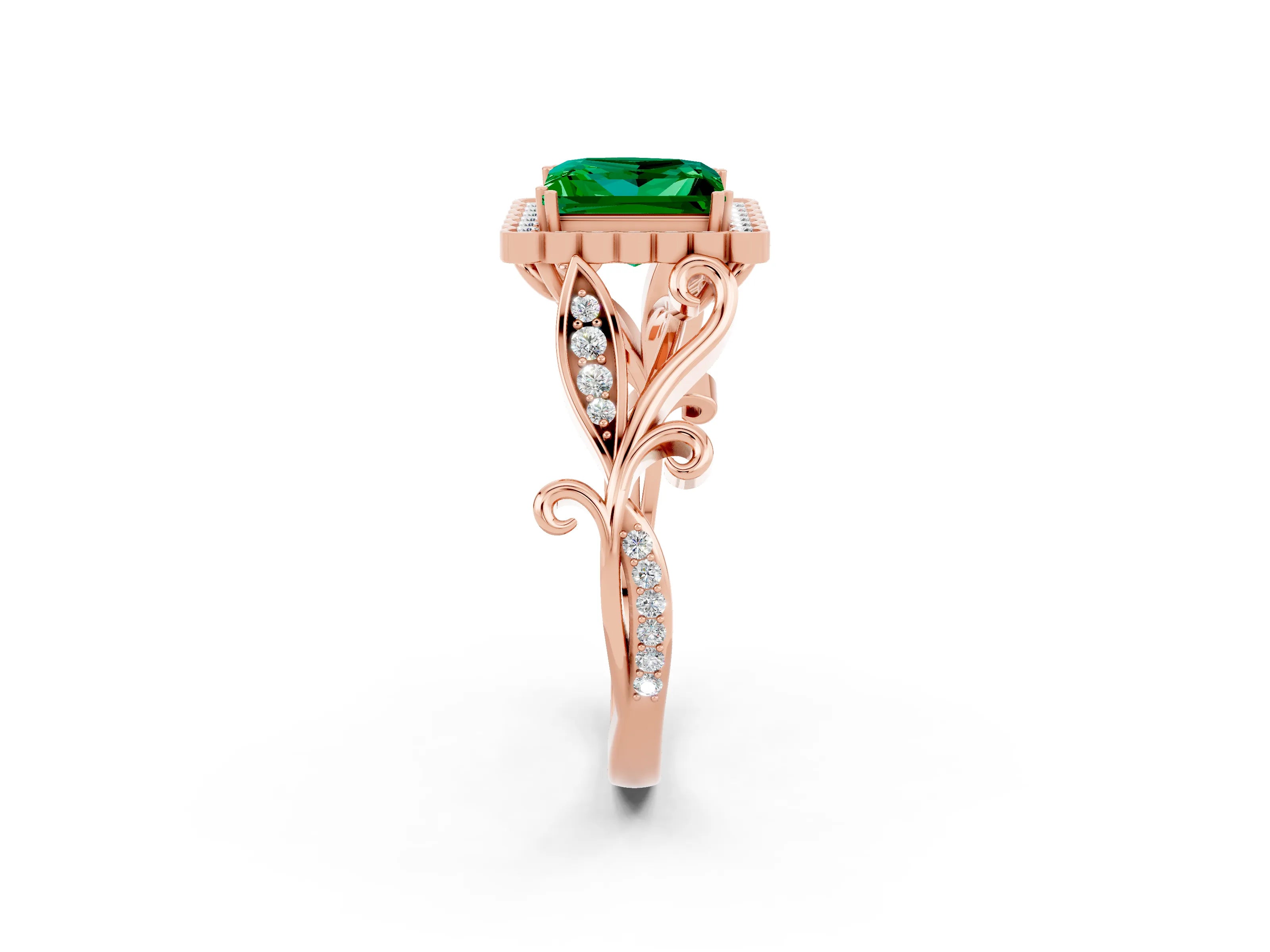 Rose gold Princess Cut Emerald Halo Ring with Vintage Split Shank and Four-Prong Setting_2