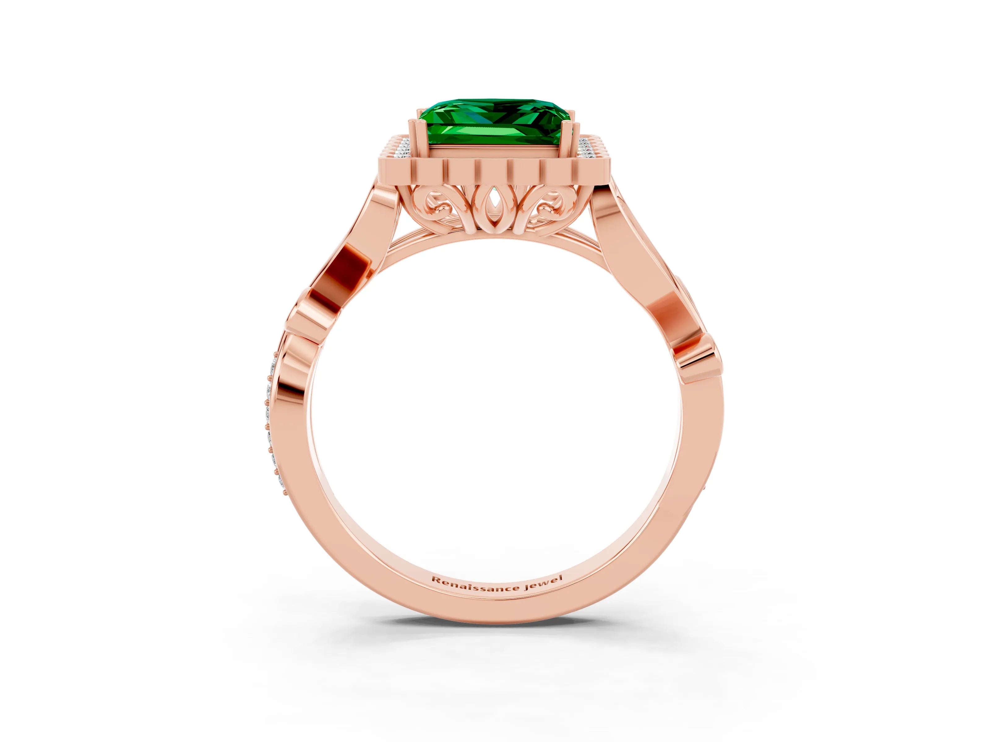 Rose gold Princess Cut Emerald Halo Ring with Vintage Split Shank and Four-Prong Setting_3