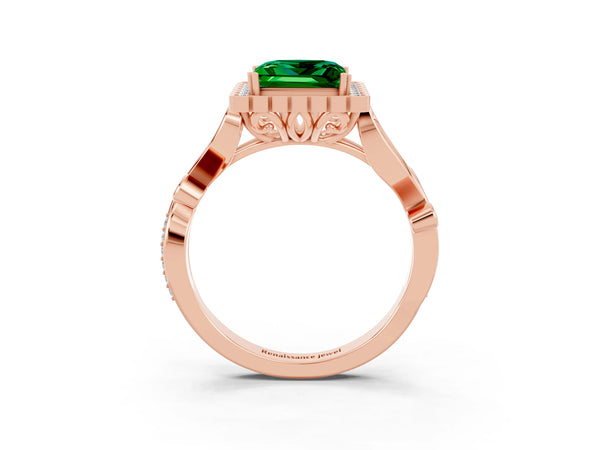 Rose gold Princess Cut Emerald Halo Ring with Vintage Split Shank and Four-Prong Setting