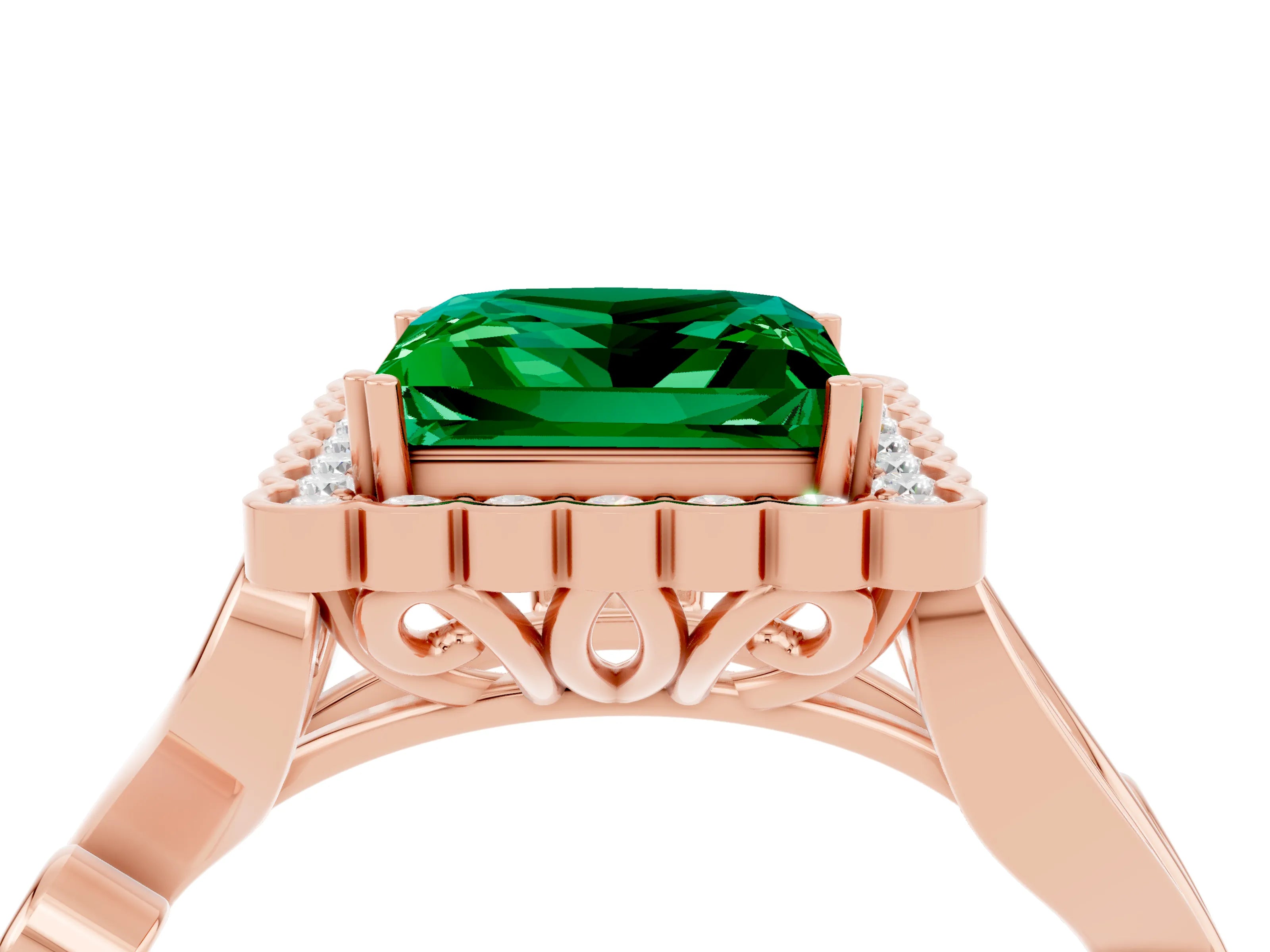 Rose gold Princess Cut Emerald Halo Ring with Vintage Split Shank and Four-Prong Setting_4