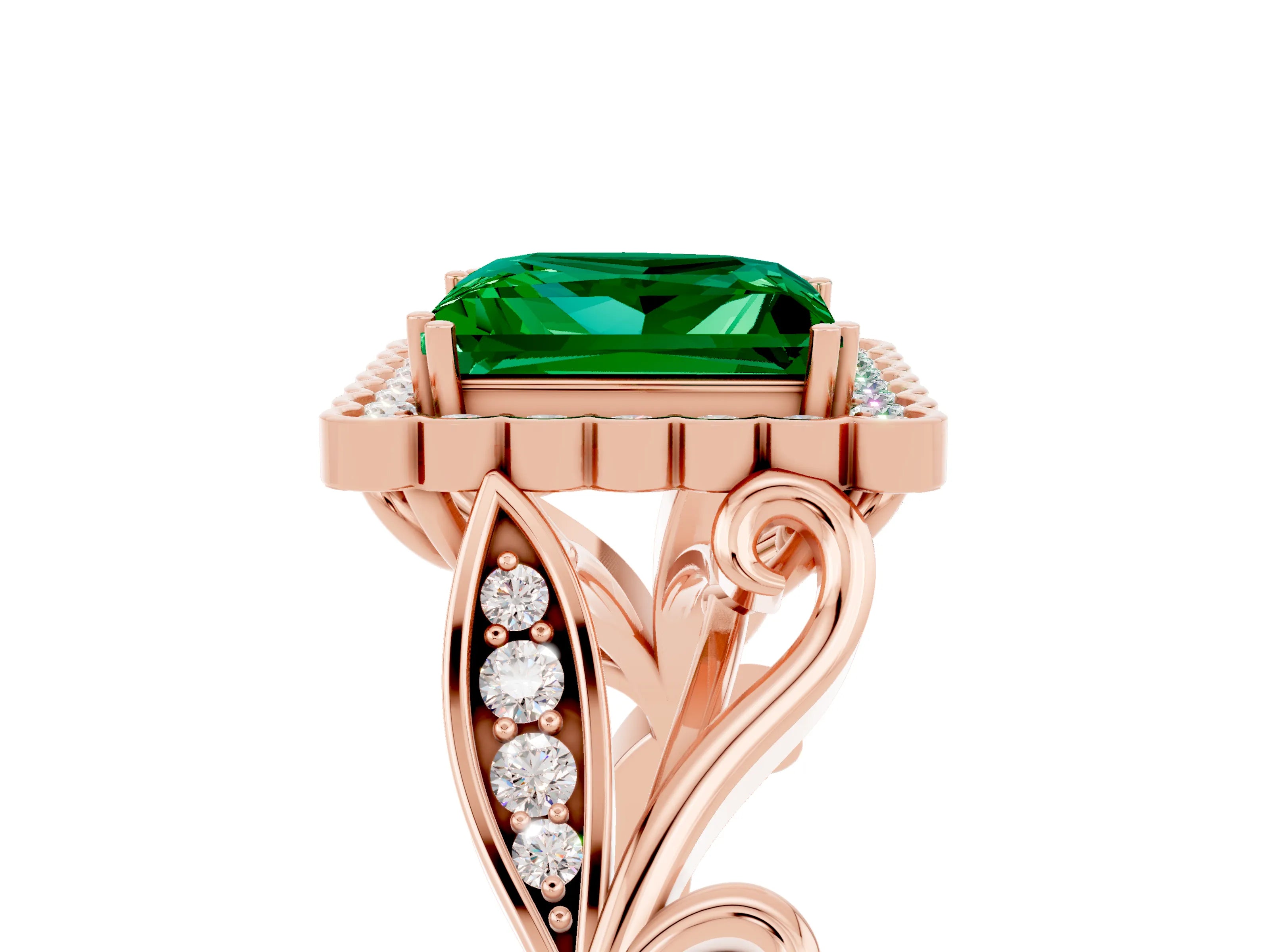 Rose gold Princess Cut Emerald Halo Ring with Vintage Split Shank and Four-Prong Setting_5