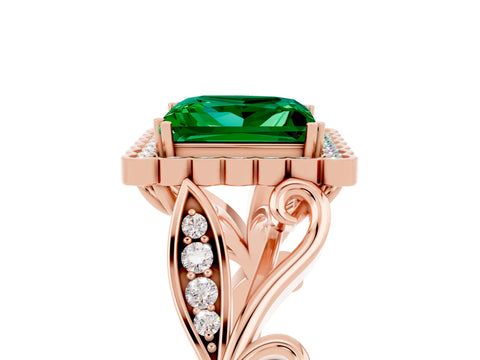 Rose gold Princess Cut Emerald Halo Ring with Vintage Split Shank and Four-Prong Setting_5