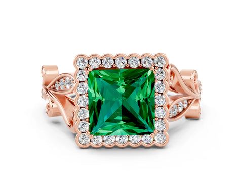 Rose gold Princess Cut Emerald Halo Ring with Vintage Split Shank and Four-Prong Setting