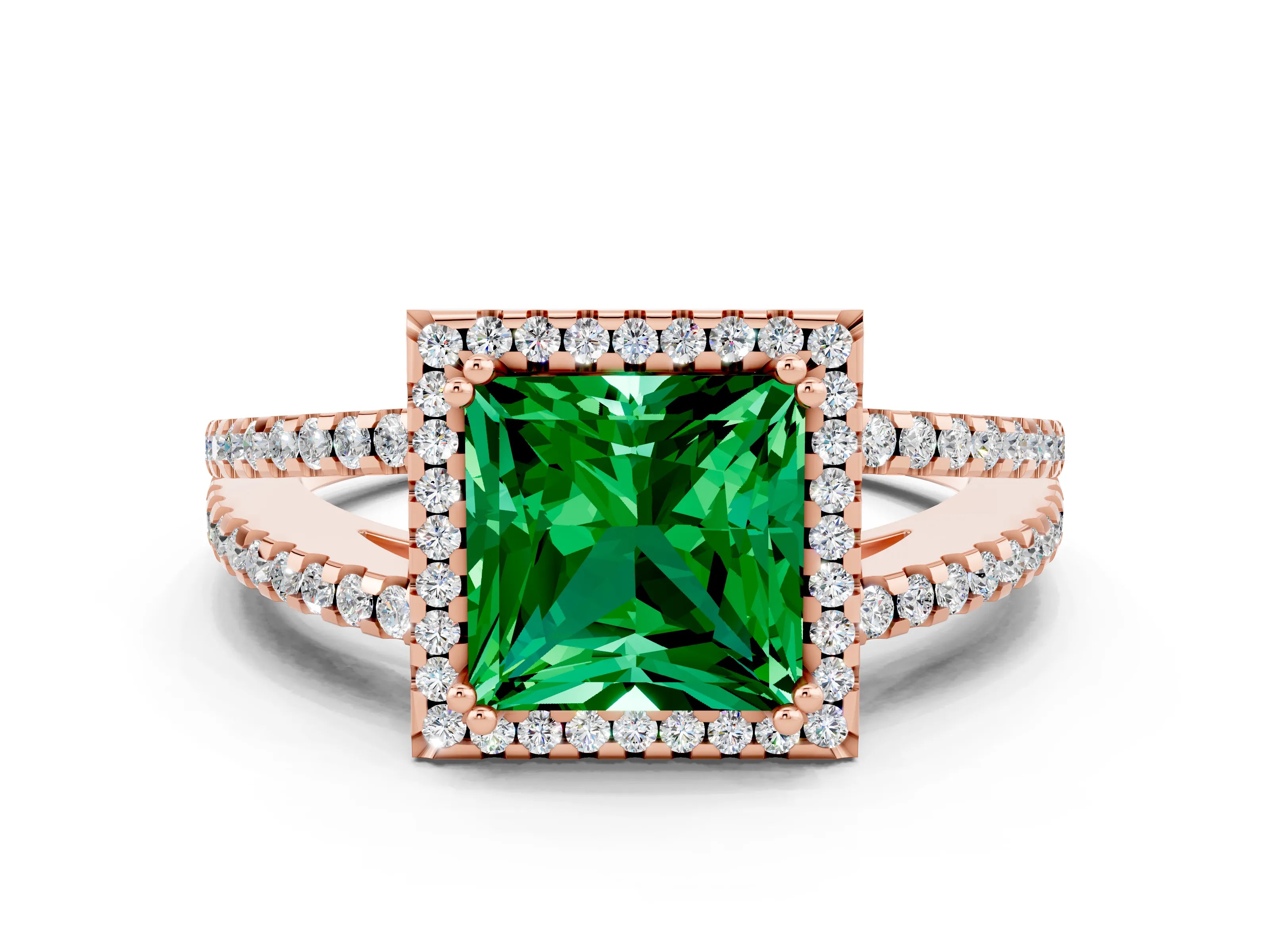 Rose gold Princess Cut Emerald Halo Split Shank Engagement Ring_12