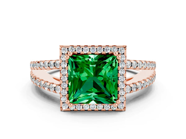 Rose gold Princess Cut Emerald Halo Split Shank Engagement Ring