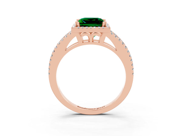 Rose gold Princess Cut Emerald Halo Split Shank Engagement Ring