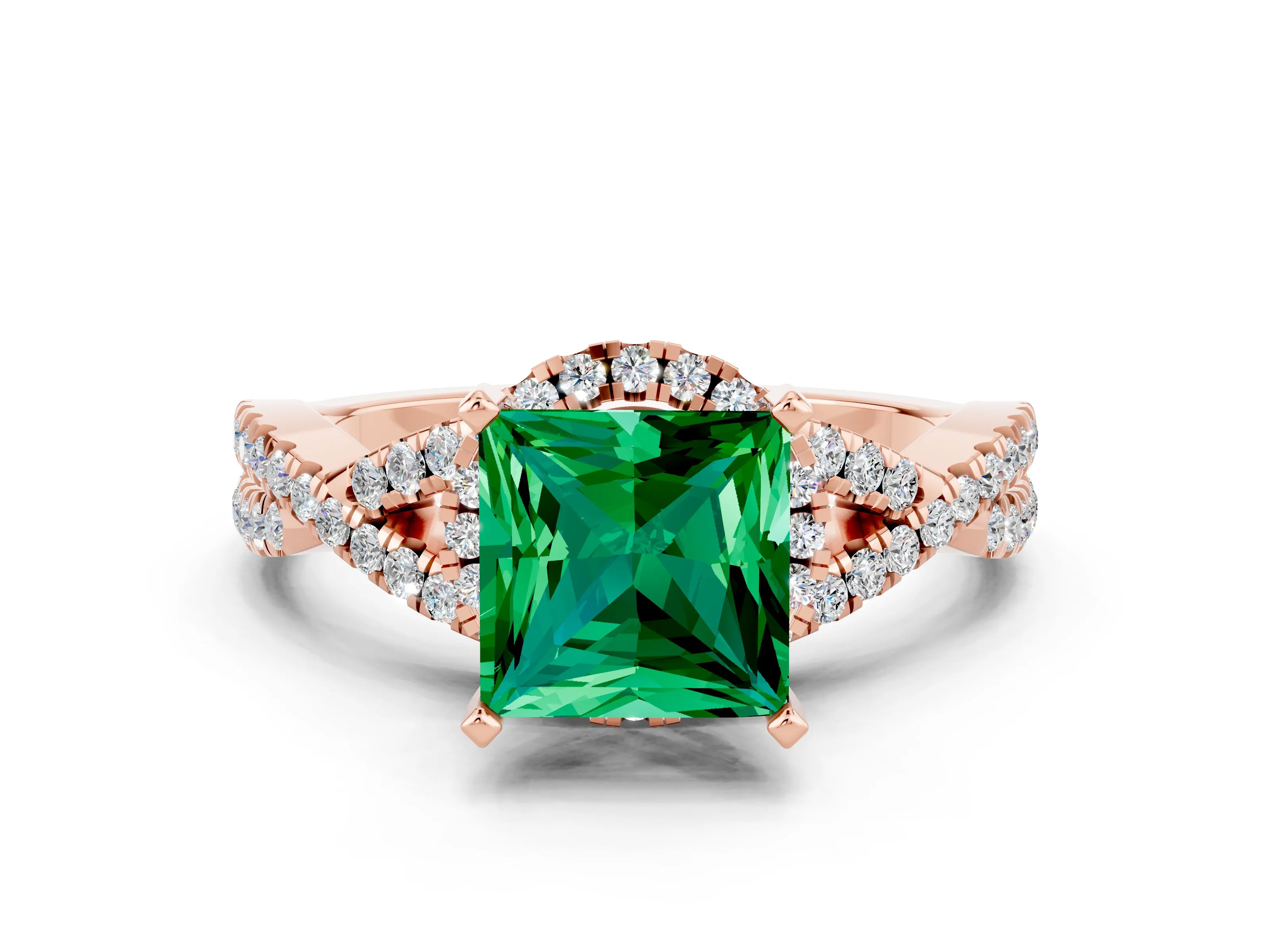 Rose gold Princess Cut Emerald Halo Twist Band Solitaire Prong Setting Ring