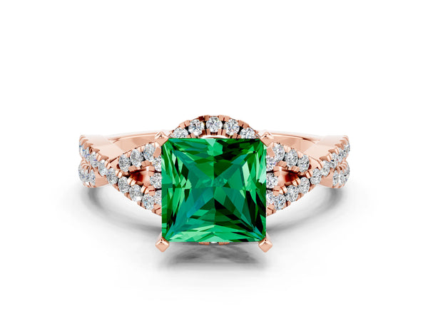 Rose gold Princess Cut Emerald  Halo Twist Band Solitaire Prong Setting Ring