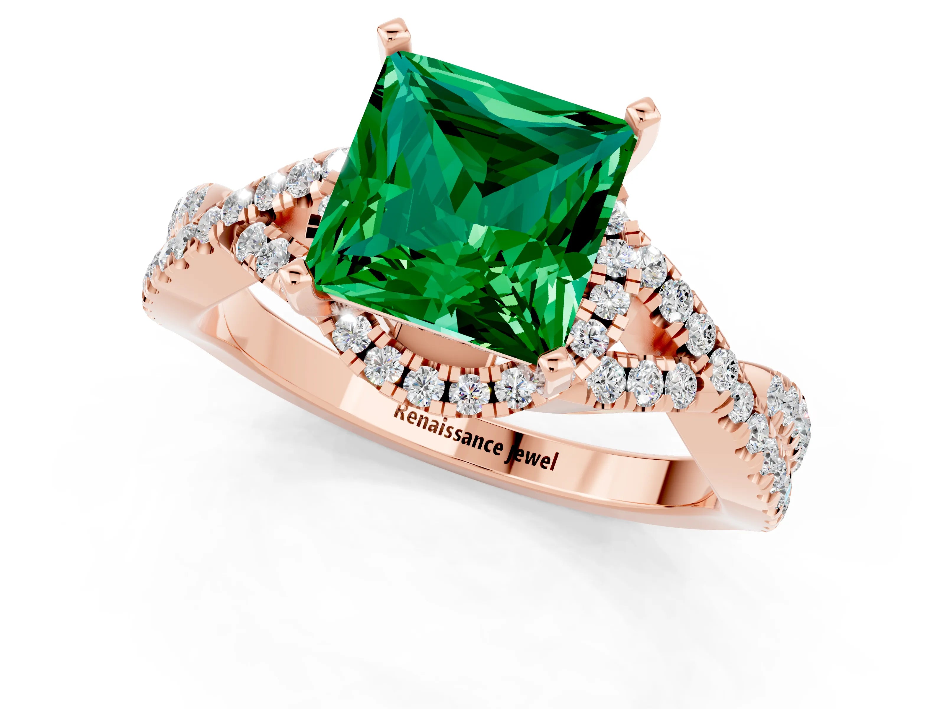 Rose gold Princess Cut Emerald Halo Twist Band Solitaire Prong Setting Ring_1