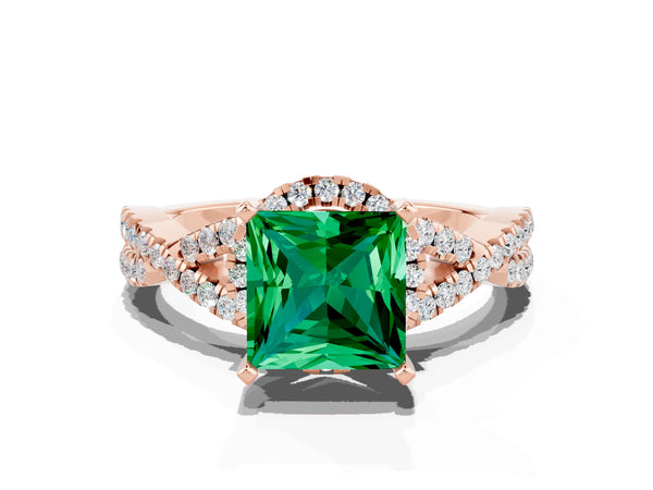 Rose gold Princess Cut Emerald  Halo Twist Band Solitaire Prong Setting Ring