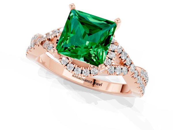 Rose gold Princess Cut Emerald  Halo Twist Band Solitaire Prong Setting Ring