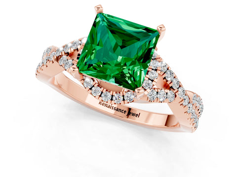 Rose gold Princess Cut Emerald Halo Twist Band Solitaire Prong Setting Ring_1