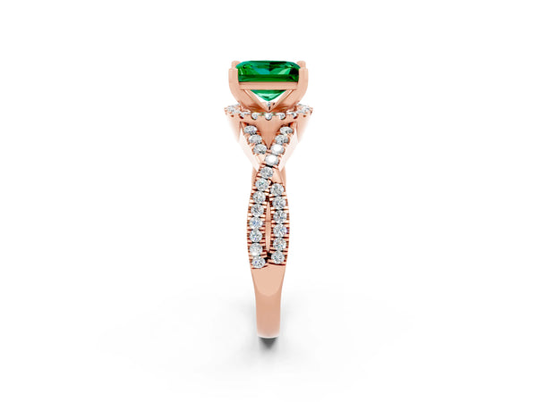 Rose gold Princess Cut Emerald  Halo Twist Band Solitaire Prong Setting Ring