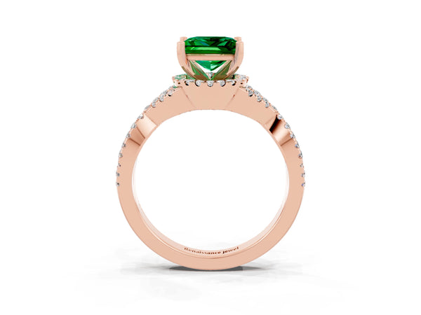 Rose gold Princess Cut Emerald  Halo Twist Band Solitaire Prong Setting Ring