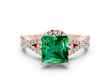 Rose gold Princess Cut Emerald  Halo Twist Band Solitaire Prong Setting Ring_24