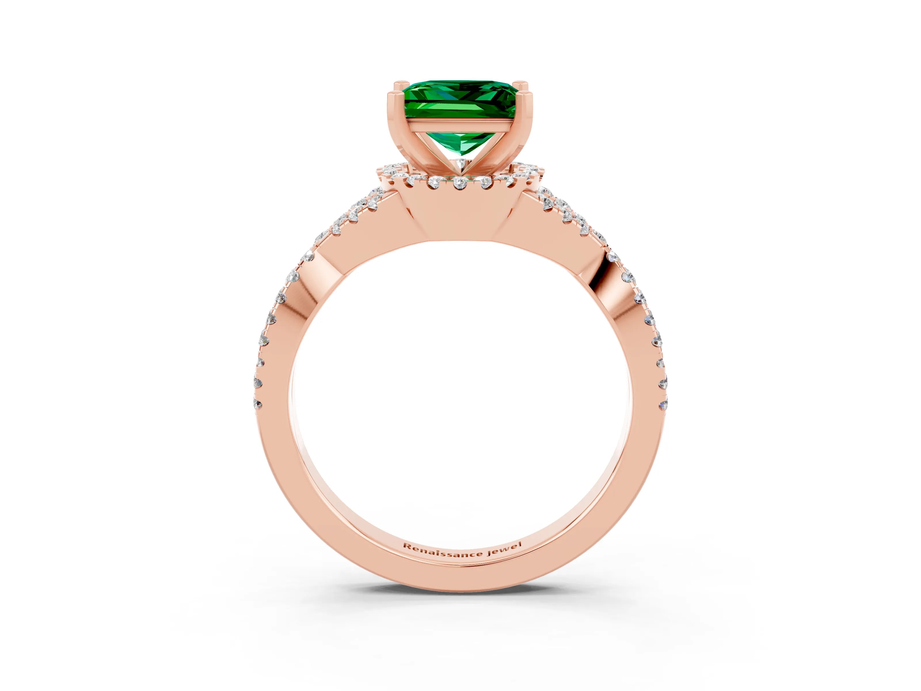 Rose gold Princess Cut Emerald Halo Twist Band Solitaire Prong Setting Ring_3