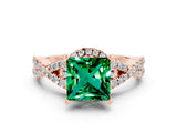 Rose gold Princess Cut Emerald  Halo Twist Band Solitaire Prong Setting Ring_42
