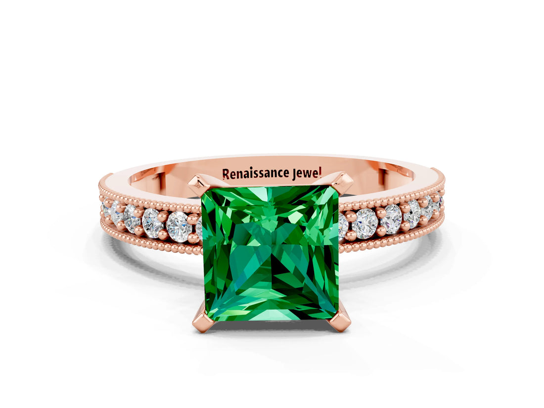 Rose gold Princess Cut Emerald Milgrain Pavé Engagement Ring with Four-Prong Setting_12