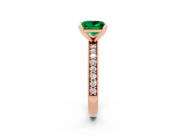 Rose gold Princess Cut Emerald Milgrain Pavé Engagement Ring with Four-Prong Setting