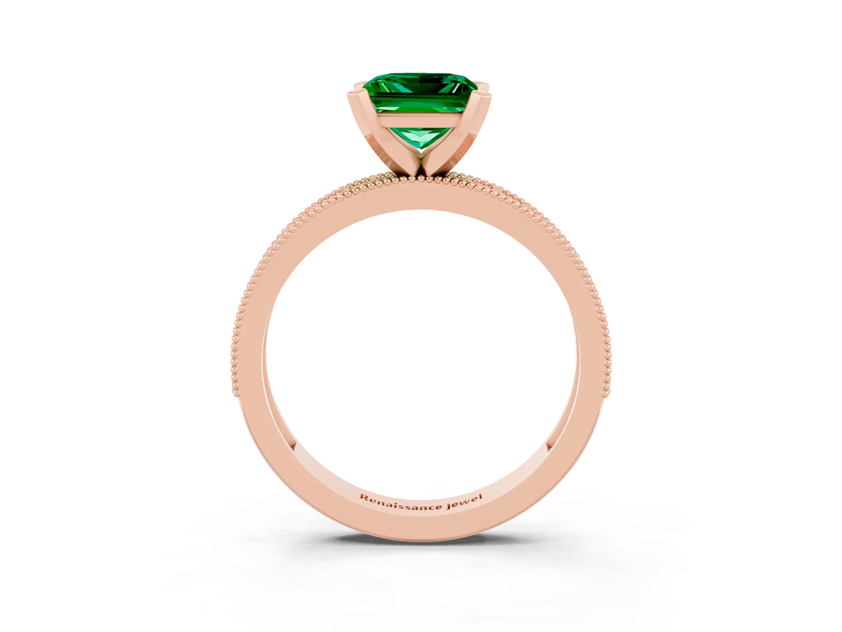 Rose gold Princess Cut Emerald Milgrain Pavé Engagement Ring with Four-Prong Setting_15