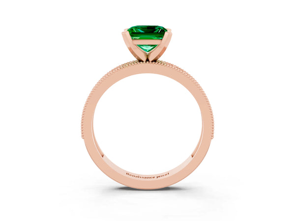 Rose gold Princess Cut Emerald Milgrain Pavé Engagement Ring with Four-Prong Setting