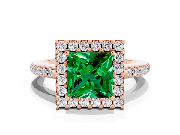 Rose gold Princess Cut Emerald Pavé Halo Ring with Four-Prong Setting