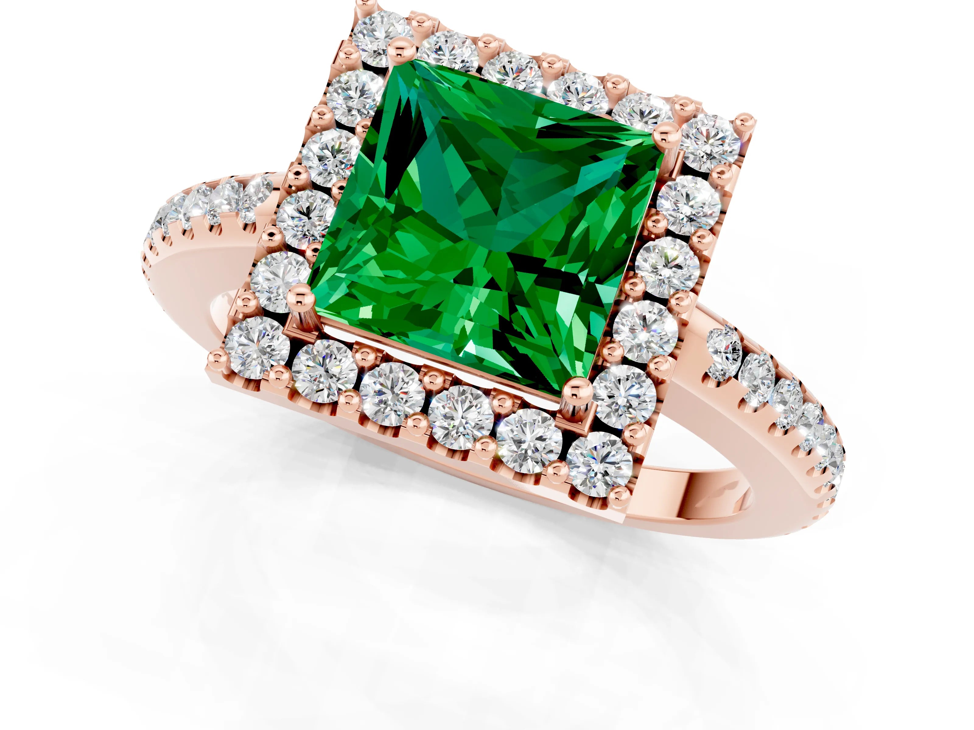 Rose gold Princess Cut Emerald Pavé Halo Ring with Four-Prong Setting_37