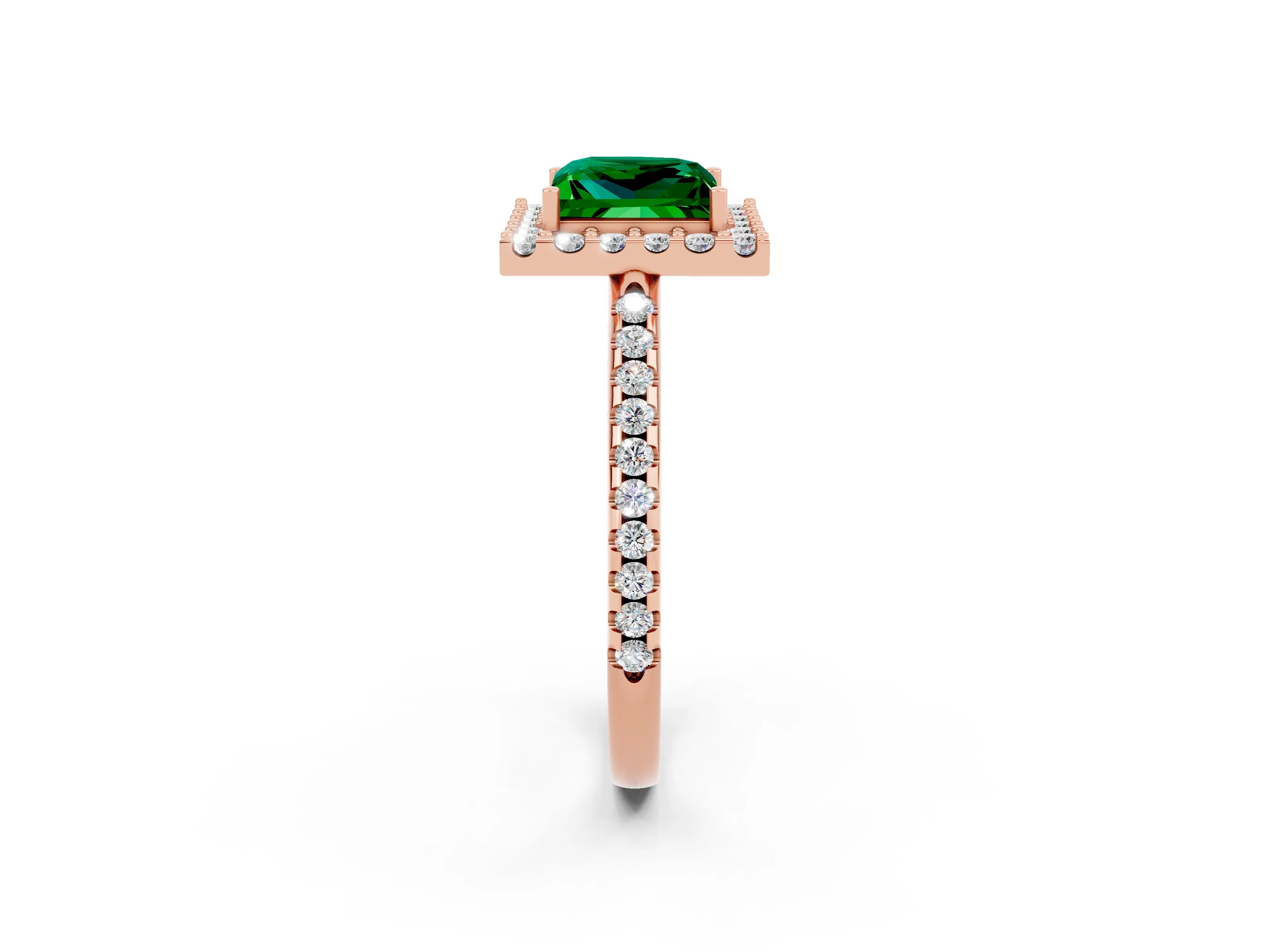 Rose gold Princess Cut Emerald Pavé Halo Ring with Four-Prong Setting_38