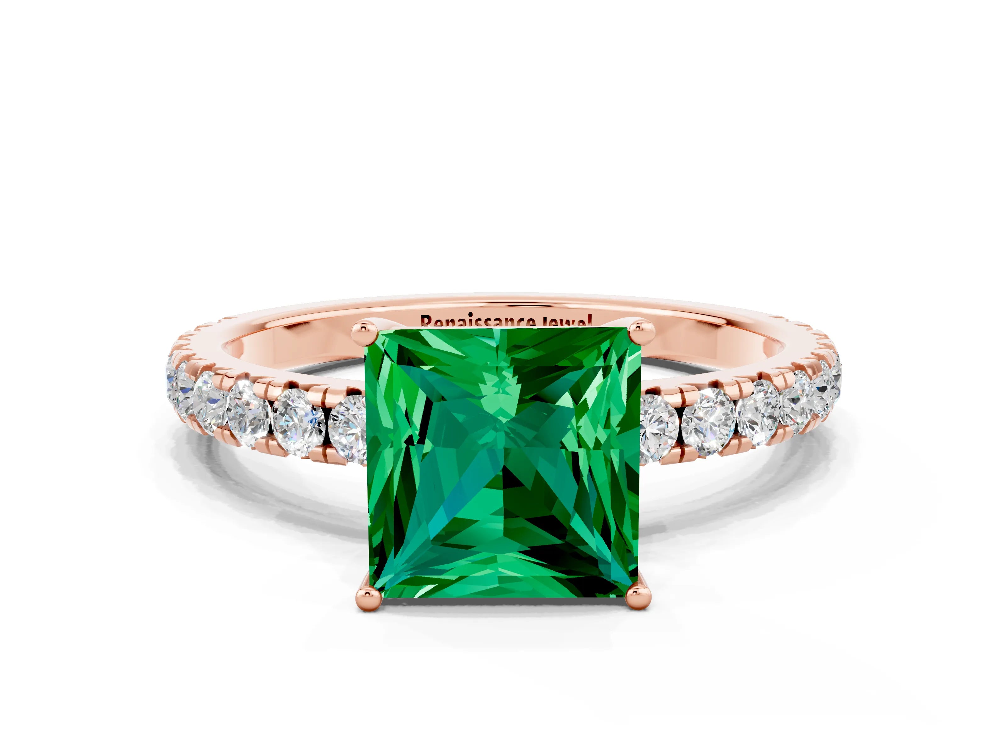 Rose gold Princess Cut Emerald Pavé Solitaire Engagement Ring with Four-Prong Setting_12