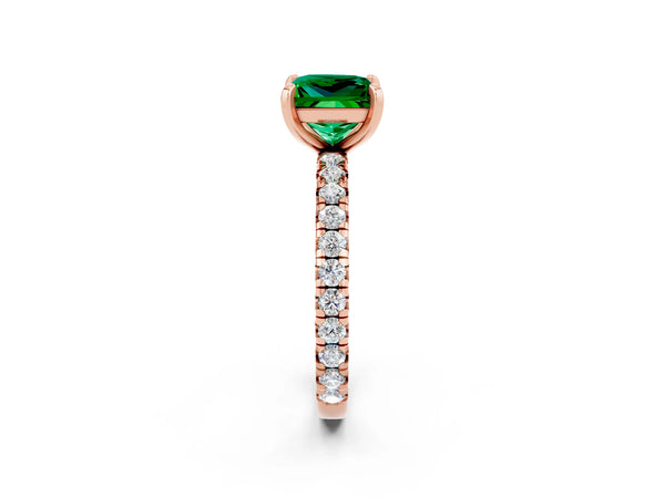 Rose gold Princess Cut Emerald Pavé Solitaire Ring with Round Band and Prong Setting