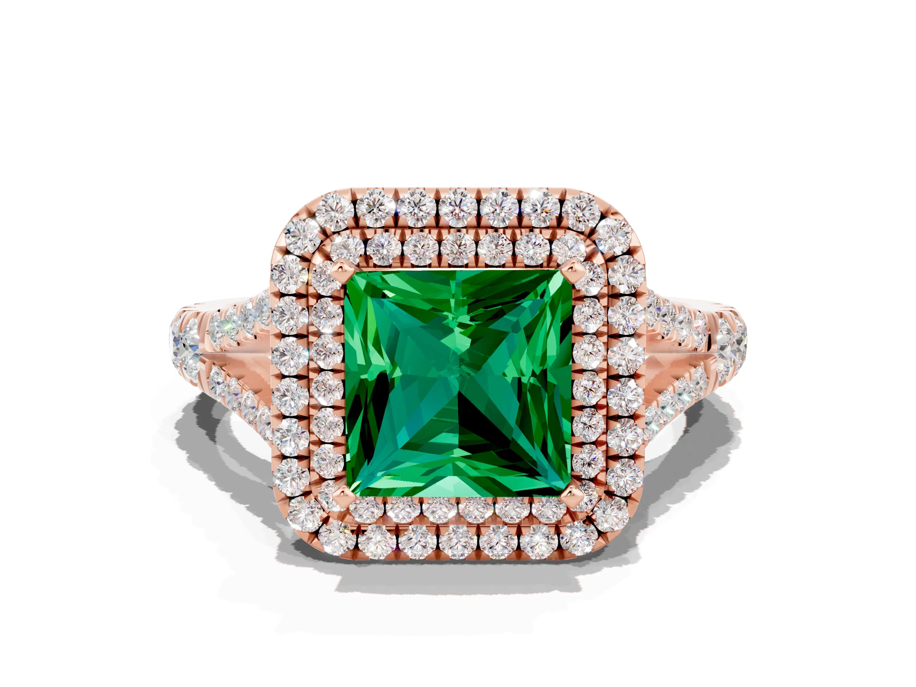 Rose gold Princess Cut Emerald Pavé Split Shank Double Halo Engagement Ring