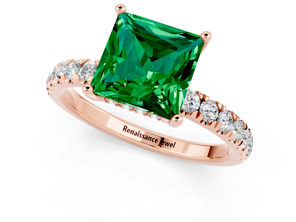 Rose gold Princess Cut Emerald Pave Band Solitaire Ring with Round  and Prong Setting