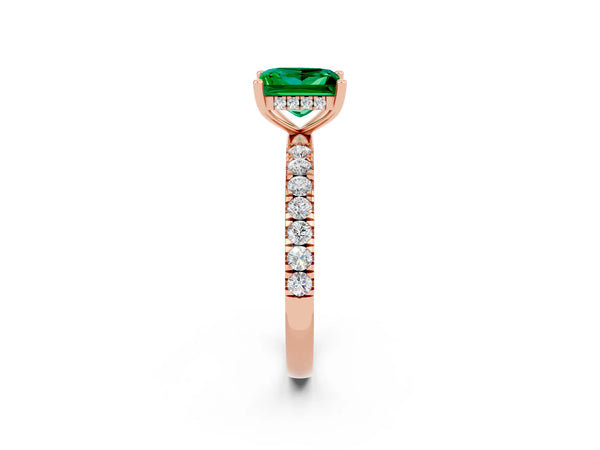 Rose gold Princess Cut Emerald Pave Band Solitaire Ring with Round  and Prong Setting