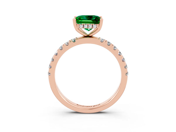 Rose gold Princess Cut Emerald Pave Band Solitaire Ring with Round  and Prong Setting