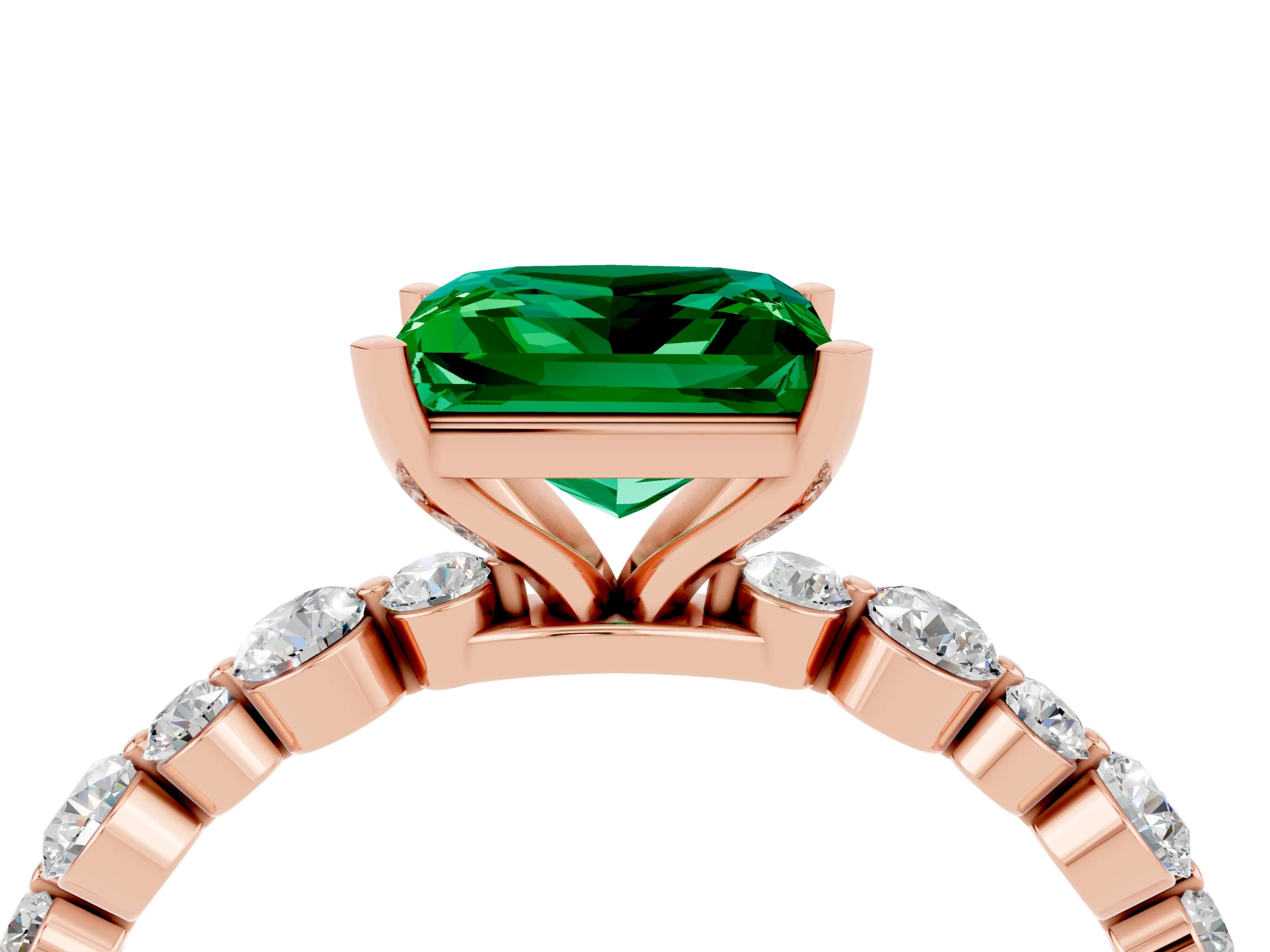 Rose gold Princess Cut Emerald Prong Set Engagement Ring with Pavé Band_4