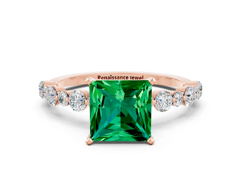 Rose gold Princess Cut Emerald Prong Set Engagement Ring with Pavé Band