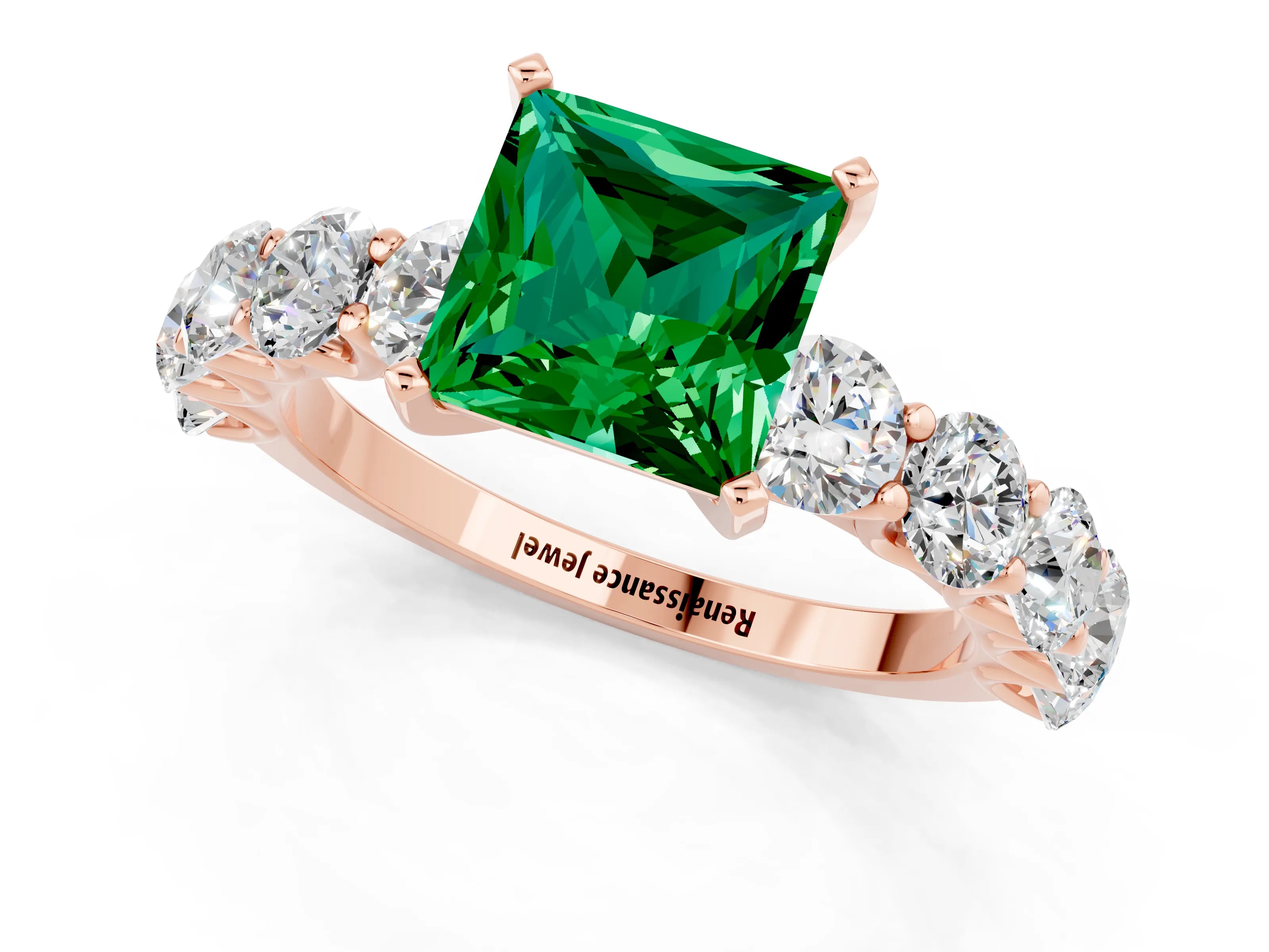 Rose gold Princess Cut Emerald Prong Setting with Side Stones on a Pave Band_1
